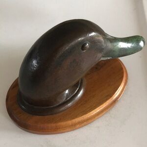 Bronze Duck Head Sculpture on Wooden Base